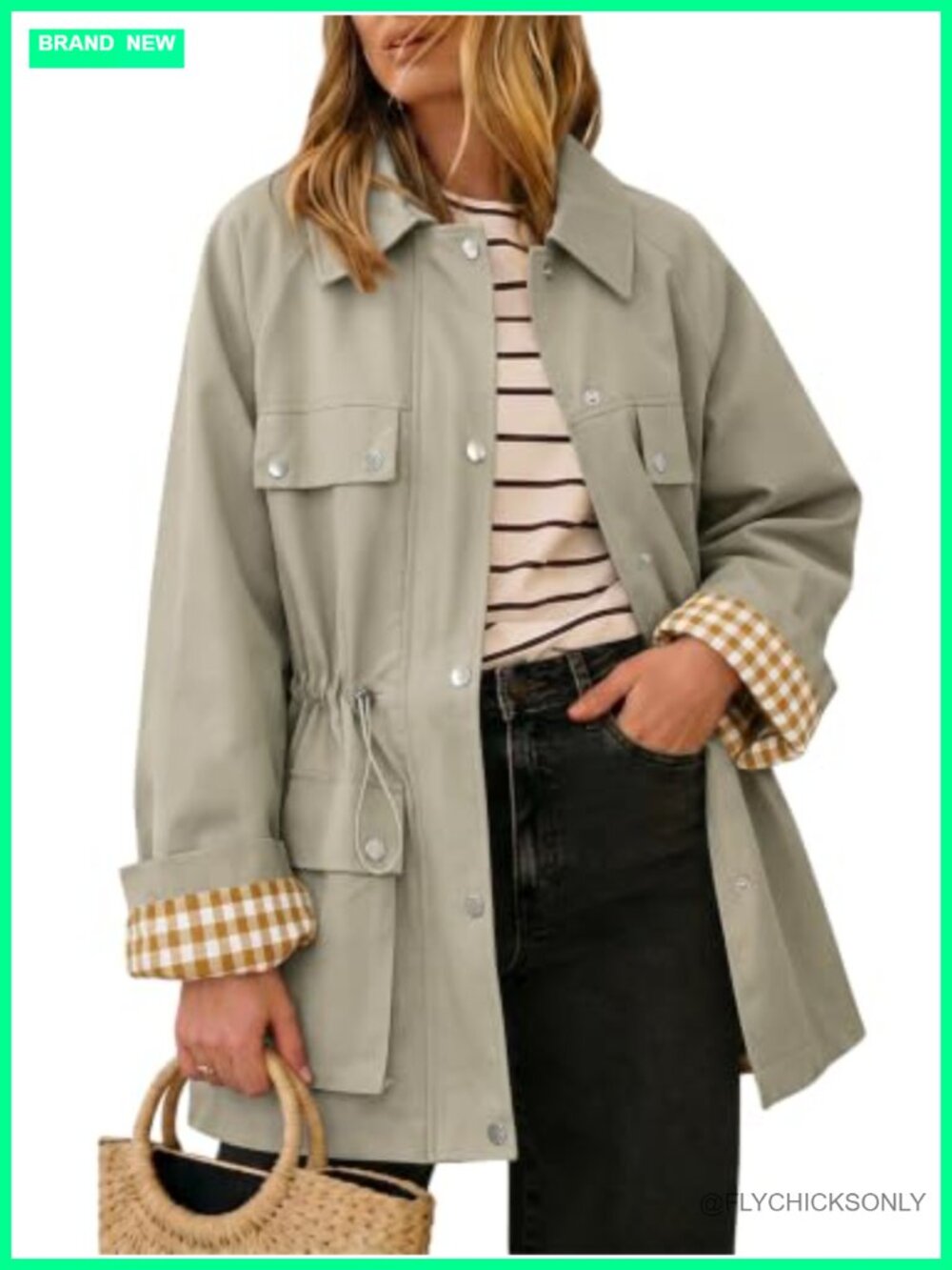 Womens Trench Coat Button Front Drawstring Waist Plaid Lining Casual Jacket